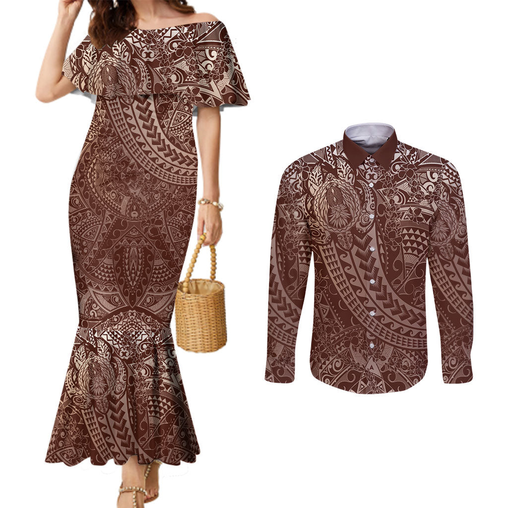 Hawaiian Turtles and Leis Couples Matching Mermaid Dress and Long Sleeve Button Shirt Tribal Kakau Pattern Mocha Mousse Color