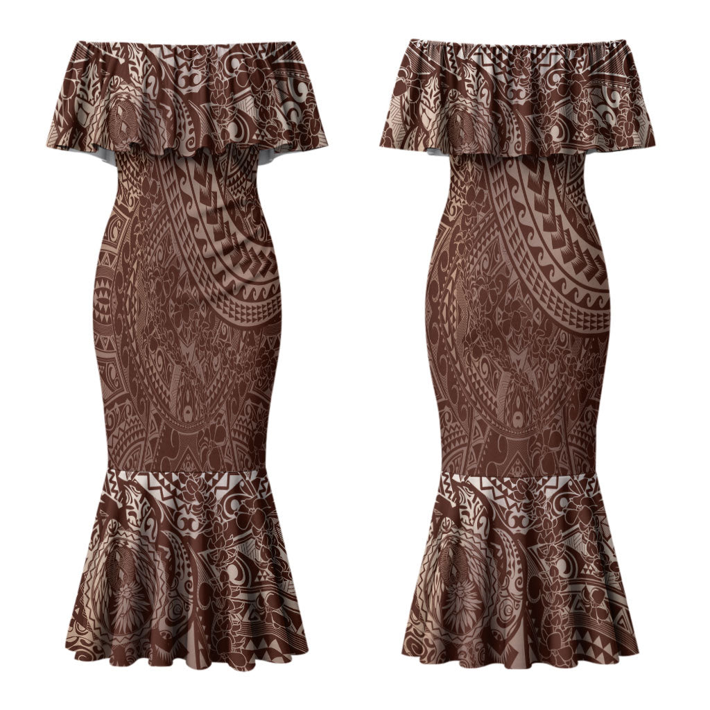 Hawaiian Turtles and Leis Couples Matching Mermaid Dress and Long Sleeve Button Shirt Tribal Kakau Pattern Mocha Mousse Color LT03 - Polynesian Pride