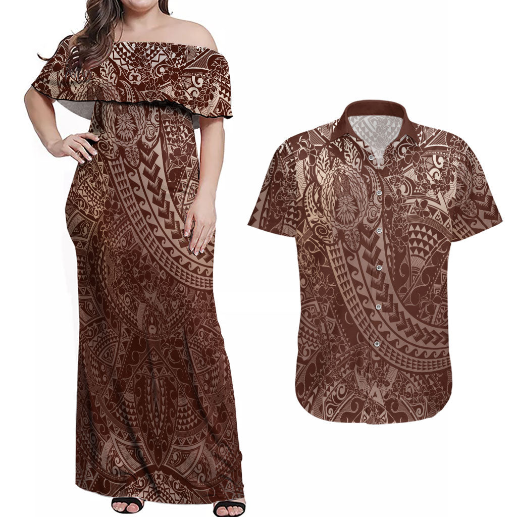Hawaiian Turtles and Leis Couples Matching Off Shoulder Maxi Dress and Hawaiian Shirt Tribal Kakau Pattern Mocha Mousse Color LT03 Mocha Mousse - Polynesian Pride