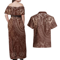 Hawaiian Turtles and Leis Couples Matching Off Shoulder Maxi Dress and Hawaiian Shirt Tribal Kakau Pattern Mocha Mousse Color