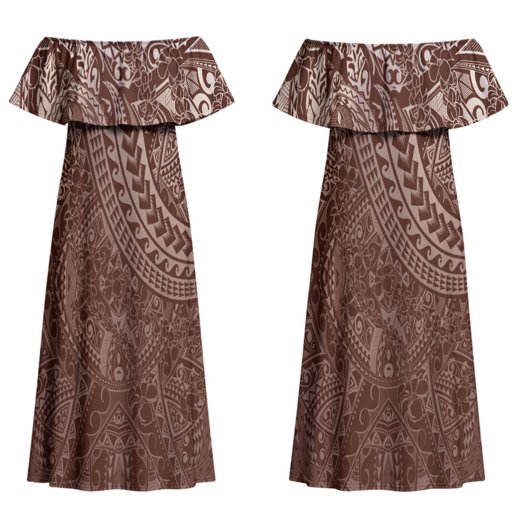 Hawaiian Turtles and Leis Couples Matching Off Shoulder Maxi Dress and Long Sleeve Button Shirt Tribal Kakau Pattern Mocha Mousse Color LT03 - Polynesian Pride