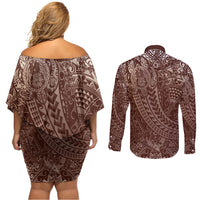 Hawaiian Turtles and Leis Couples Matching Off Shoulder Short Dress and Long Sleeve Button Shirt Tribal Kakau Pattern Mocha Mousse Color