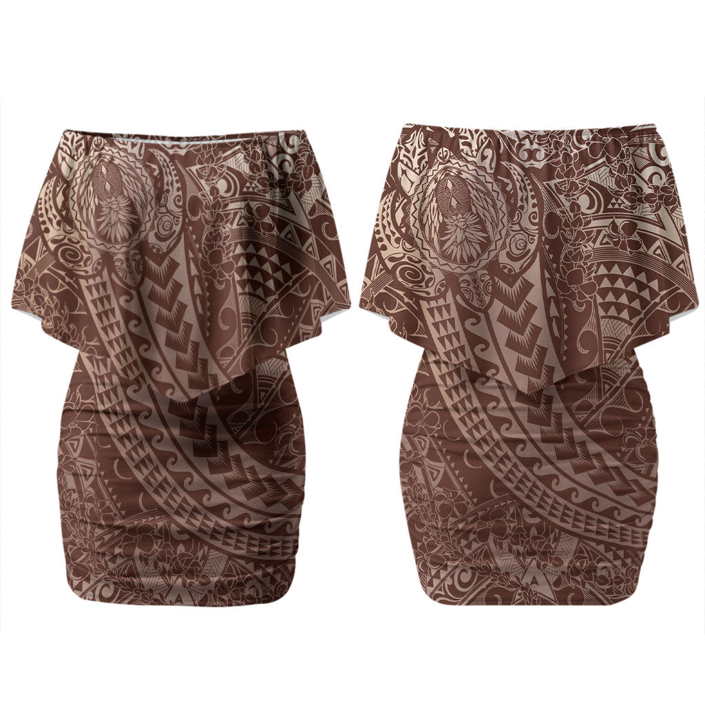 Hawaiian Turtles and Leis Couples Matching Off Shoulder Short Dress and Long Sleeve Button Shirt Tribal Kakau Pattern Mocha Mousse Color LT03 - Polynesian Pride
