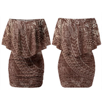 Hawaiian Turtles and Leis Couples Matching Off Shoulder Short Dress and Long Sleeve Button Shirt Tribal Kakau Pattern Mocha Mousse Color LT03 - Polynesian Pride