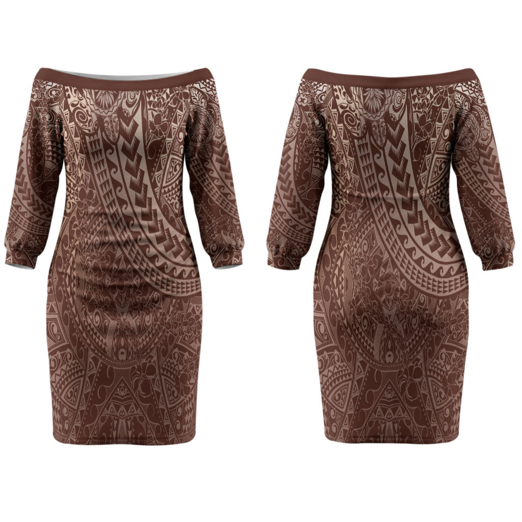 Hawaiian Turtles and Leis Couples Matching Off The Shoulder Long Sleeve Dress and Long Sleeve Button Shirt Tribal Kakau Pattern Mocha Mousse Color LT03 - Polynesian Pride