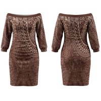 Hawaiian Turtles and Leis Couples Matching Off The Shoulder Long Sleeve Dress and Long Sleeve Button Shirt Tribal Kakau Pattern Mocha Mousse Color LT03 - Polynesian Pride