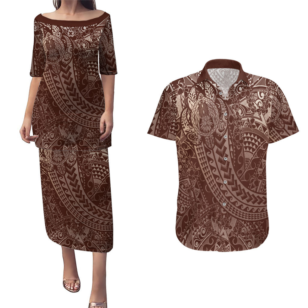 Hawaiian Turtles and Leis Couples Matching Puletasi and Hawaiian Shirt Tribal Kakau Pattern Mocha Mousse Color