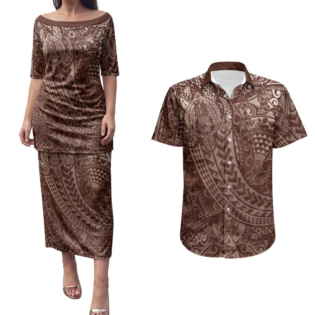 Hawaiian Turtles and Leis Couples Matching Puletasi and Hawaiian Shirt Tribal Kakau Pattern Mocha Mousse Color LT03 Mocha Mousse - Polynesian Pride