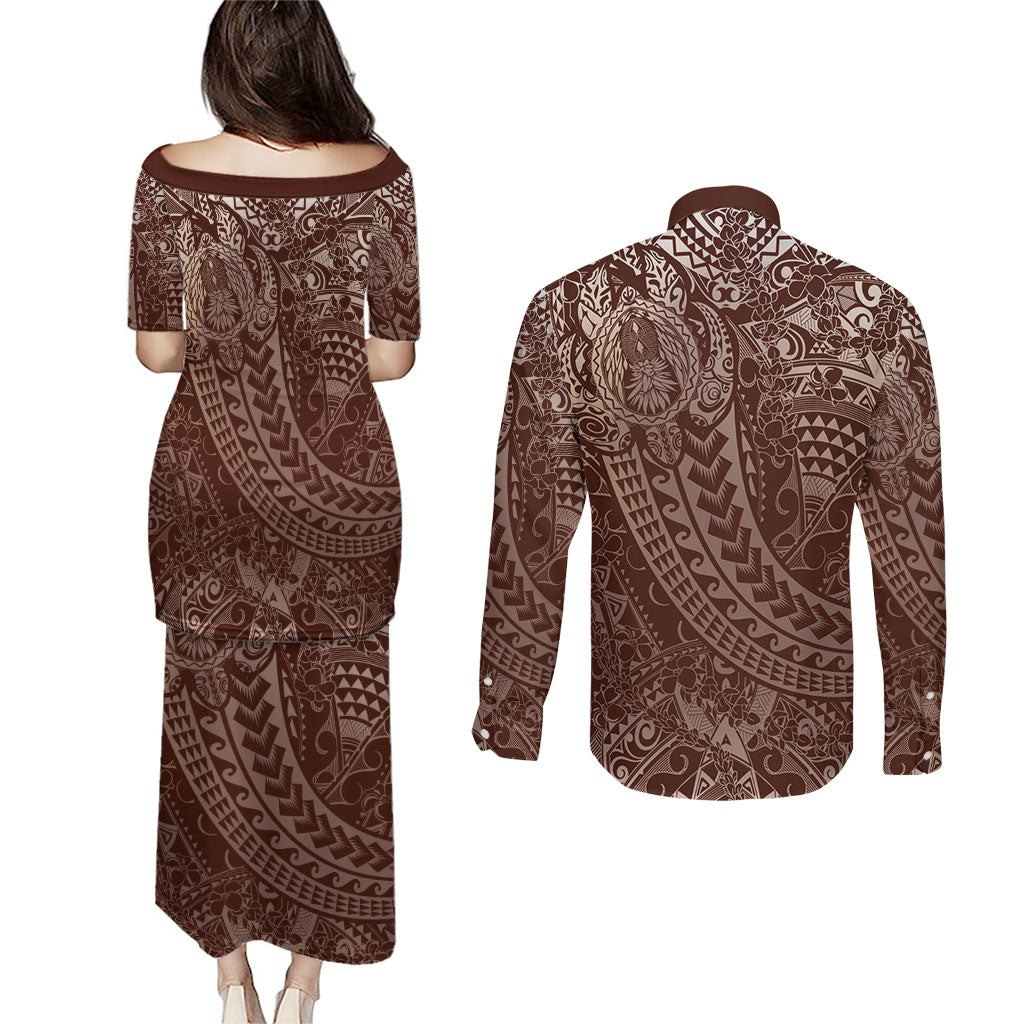 Hawaiian Turtles and Leis Couples Matching Puletasi and Long Sleeve Button Shirt Tribal Kakau Pattern Mocha Mousse Color