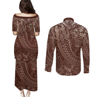 Hawaiian Turtles and Leis Couples Matching Puletasi and Long Sleeve Button Shirt Tribal Kakau Pattern Mocha Mousse Color