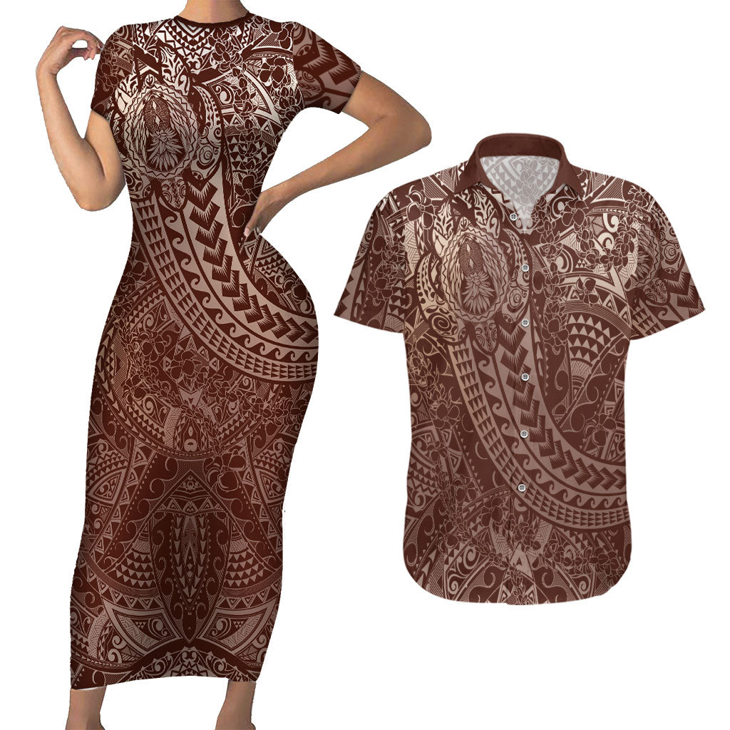 Hawaiian Turtles and Leis Couples Matching Short Sleeve Bodycon Dress and Hawaiian Shirt Tribal Kakau Pattern Mocha Mousse Color