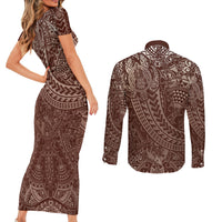 Hawaiian Turtles and Leis Couples Matching Short Sleeve Bodycon Dress and Long Sleeve Button Shirt Tribal Kakau Pattern Mocha Mousse Color