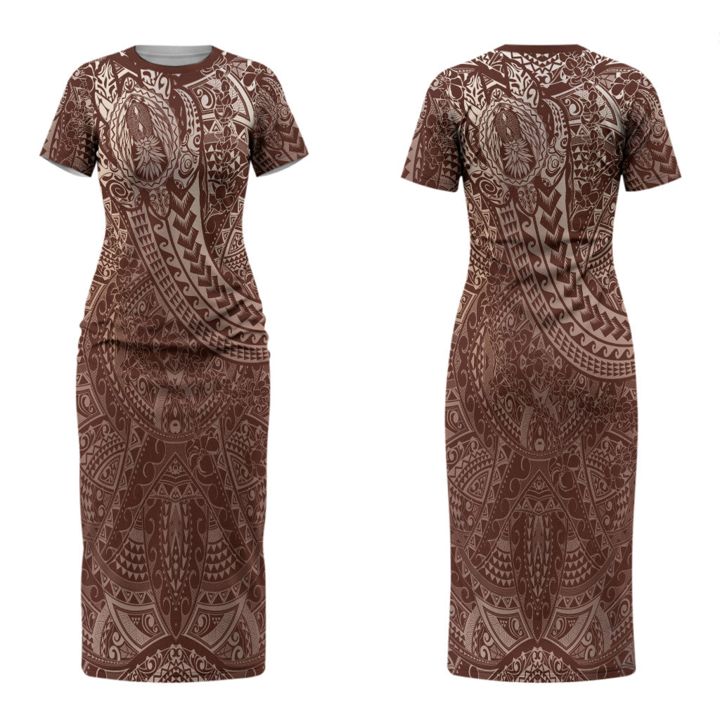 Hawaiian Turtles and Leis Couples Matching Short Sleeve Bodycon Dress and Long Sleeve Button Shirt Tribal Kakau Pattern Mocha Mousse Color LT03 - Polynesian Pride