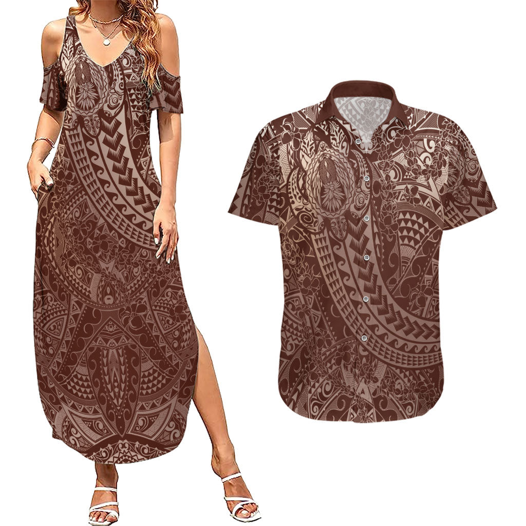 Hawaiian Turtles and Leis Couples Matching Summer Maxi Dress and Hawaiian Shirt Tribal Kakau Pattern Mocha Mousse Color