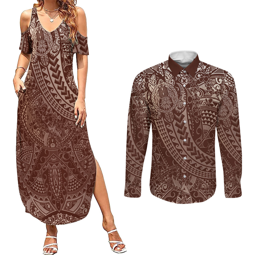 Hawaiian Turtles and Leis Couples Matching Summer Maxi Dress and Long Sleeve Button Shirt Tribal Kakau Pattern Mocha Mousse Color LT03 Mocha Mousse - Polynesian Pride
