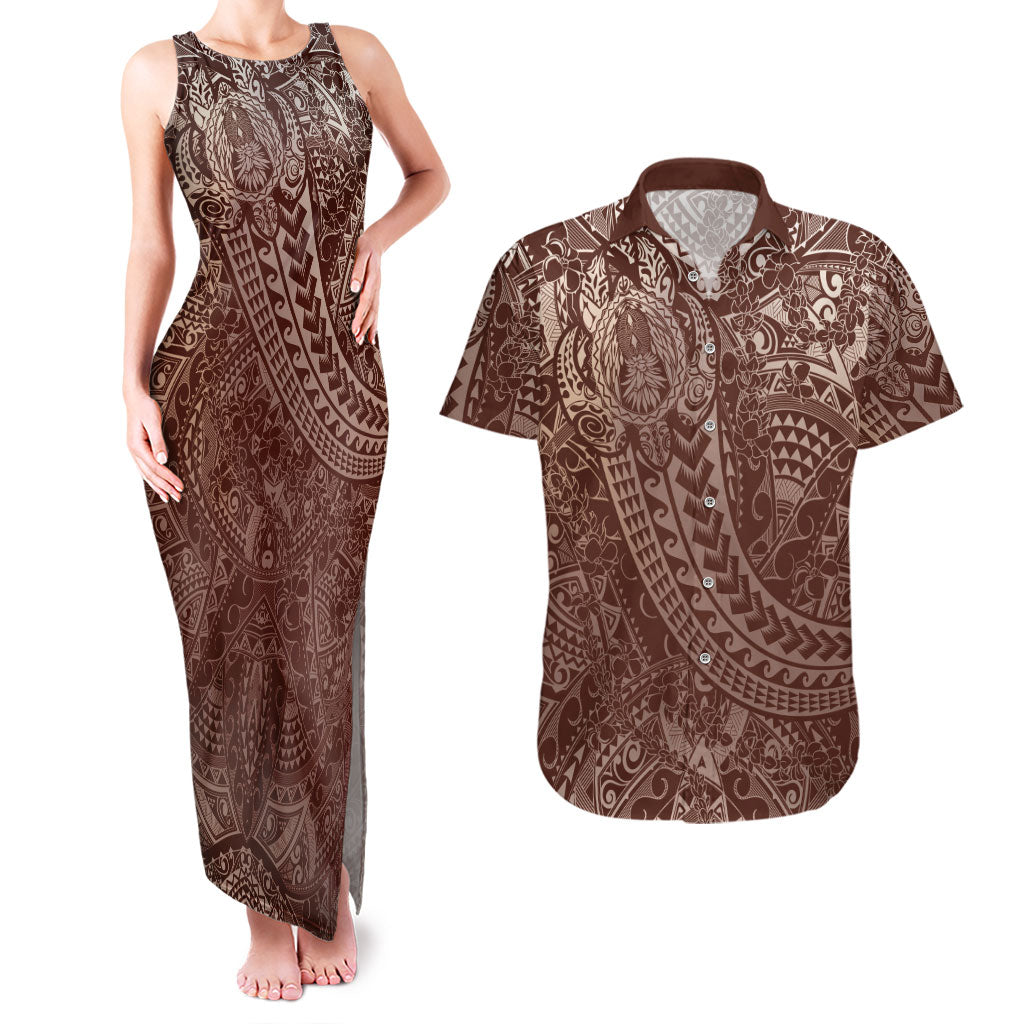 Hawaiian Turtles and Leis Couples Matching Tank Maxi Dress and Hawaiian Shirt Tribal Kakau Pattern Mocha Mousse Color LT03 Mocha Mousse - Polynesian Pride