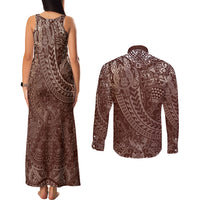 Hawaiian Turtles and Leis Couples Matching Tank Maxi Dress and Long Sleeve Button Shirt Tribal Kakau Pattern Mocha Mousse Color