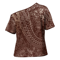 Hawaiian Turtles and Leis Cross Shoulder Shirt Tribal Kakau Pattern Mocha Mousse Color
