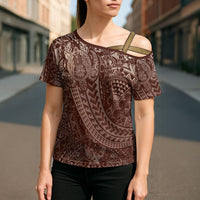 Hawaiian Turtles and Leis Cross Shoulder Shirt Tribal Kakau Pattern Mocha Mousse Color
