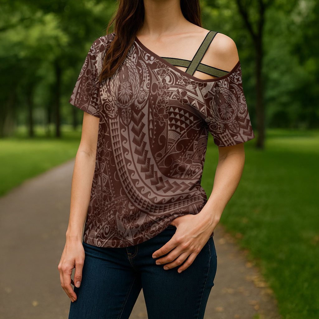 Hawaiian Turtles and Leis Cross Shoulder Shirt Tribal Kakau Pattern Mocha Mousse Color