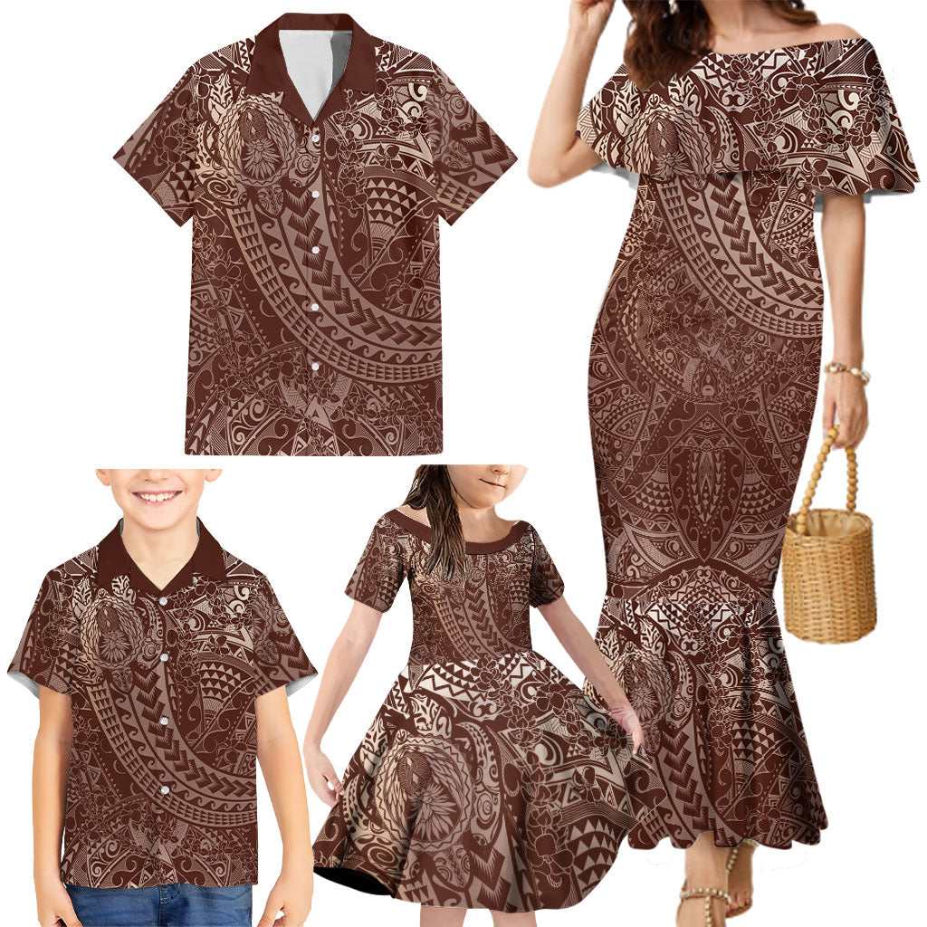 Hawaiian Turtles and Leis Family Matching Mermaid Dress and Hawaiian Shirt Tribal Kakau Pattern Mocha Mousse Color LT03 - Polynesian Pride