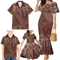 Hawaiian Turtles and Leis Family Matching Mermaid Dress and Hawaiian Shirt Tribal Kakau Pattern Mocha Mousse Color