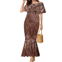Hawaiian Turtles and Leis Family Matching Mermaid Dress and Hawaiian Shirt Tribal Kakau Pattern Mocha Mousse Color