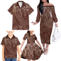 Hawaiian Turtles and Leis Family Matching Off The Shoulder Long Sleeve Dress and Hawaiian Shirt Tribal Kakau Pattern Mocha Mousse Color