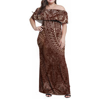 Hawaiian Turtles and Leis Family Matching Off Shoulder Maxi Dress and Hawaiian Shirt Tribal Kakau Pattern Mocha Mousse Color