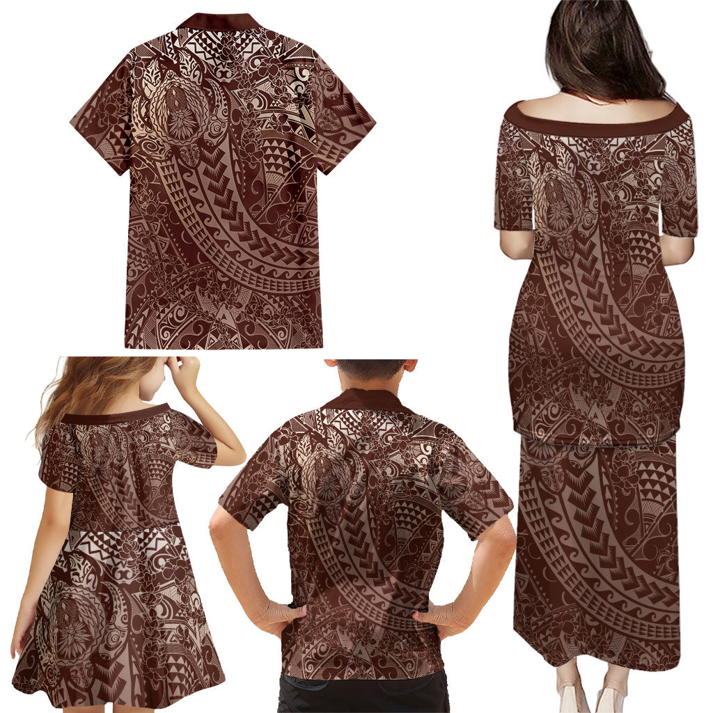 Hawaiian Turtles and Leis Family Matching Puletasi and Hawaiian Shirt Tribal Kakau Pattern Mocha Mousse Color