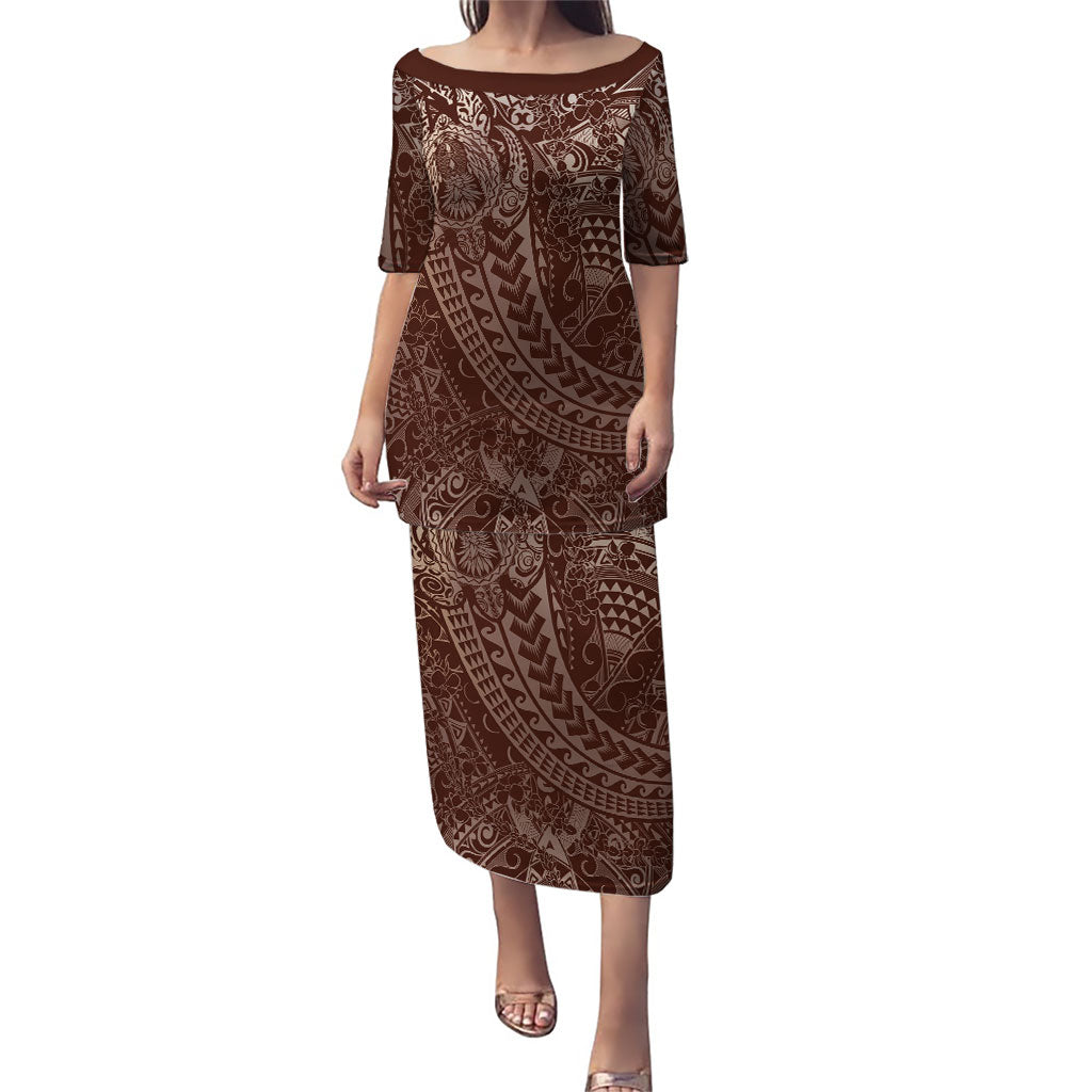 Hawaiian Turtles and Leis Family Matching Puletasi and Hawaiian Shirt Tribal Kakau Pattern Mocha Mousse Color