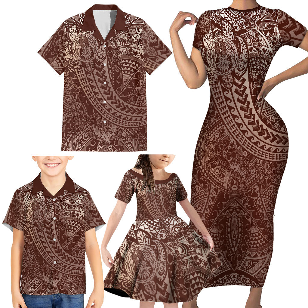 Hawaiian Turtles and Leis Family Matching Short Sleeve Bodycon Dress and Hawaiian Shirt Tribal Kakau Pattern Mocha Mousse Color LT03 - Polynesian Pride