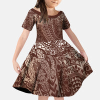 Hawaiian Turtles and Leis Family Matching Summer Maxi Dress and Hawaiian Shirt Tribal Kakau Pattern Mocha Mousse Color