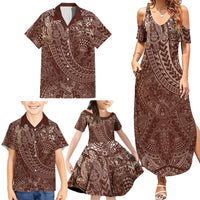 Hawaiian Turtles and Leis Family Matching Summer Maxi Dress and Hawaiian Shirt Tribal Kakau Pattern Mocha Mousse Color