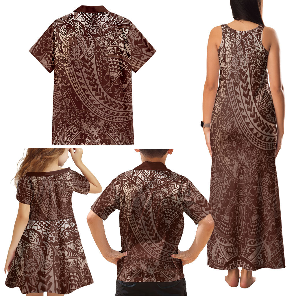 Hawaiian Turtles and Leis Family Matching Tank Maxi Dress and Hawaiian Shirt Tribal Kakau Pattern Mocha Mousse Color