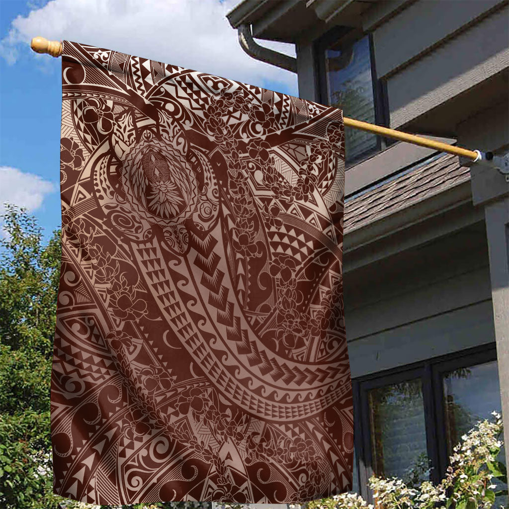 Hawaiian Turtles and Leis Garden Flag Tribal Kakau Pattern Mocha Mousse Color