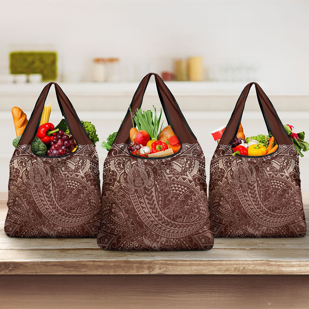 Hawaiian Turtles and Leis Grocery Bag Tribal Kakau Pattern Mocha Mousse Color