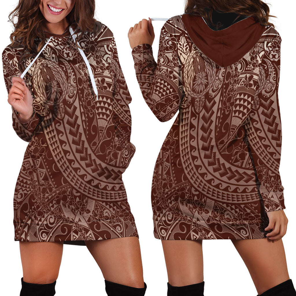 Hawaiian Turtles and Leis Hoodie Dress Tribal Kakau Pattern Mocha Mousse Color