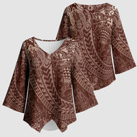 Hawaiian Turtles and Leis Kimono Sleeve Blouse Tribal Kakau Pattern Mocha Mousse Color