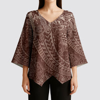 Hawaiian Turtles and Leis Kimono Sleeve Blouse Tribal Kakau Pattern Mocha Mousse Color