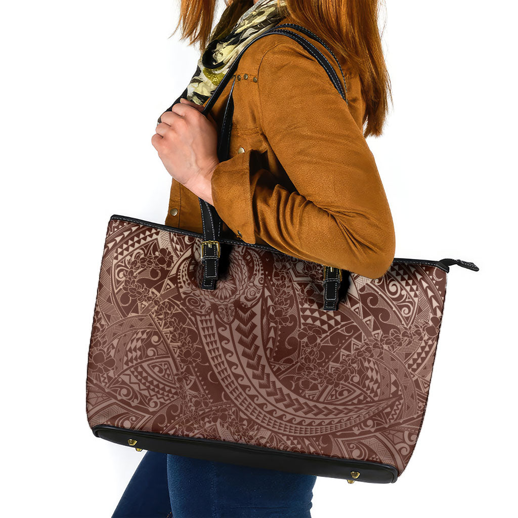 Hawaiian Turtles and Leis Leather Tote Bag Tribal Kakau Pattern Mocha Mousse Color