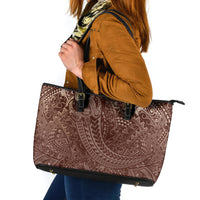 Hawaiian Turtles and Leis Leather Tote Bag Tribal Kakau Pattern Mocha Mousse Color