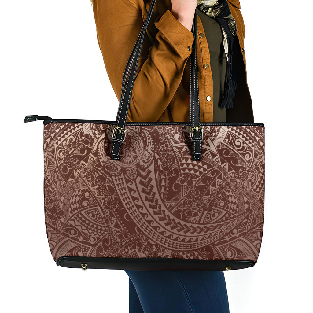 Hawaiian Turtles and Leis Leather Tote Bag Tribal Kakau Pattern Mocha Mousse Color