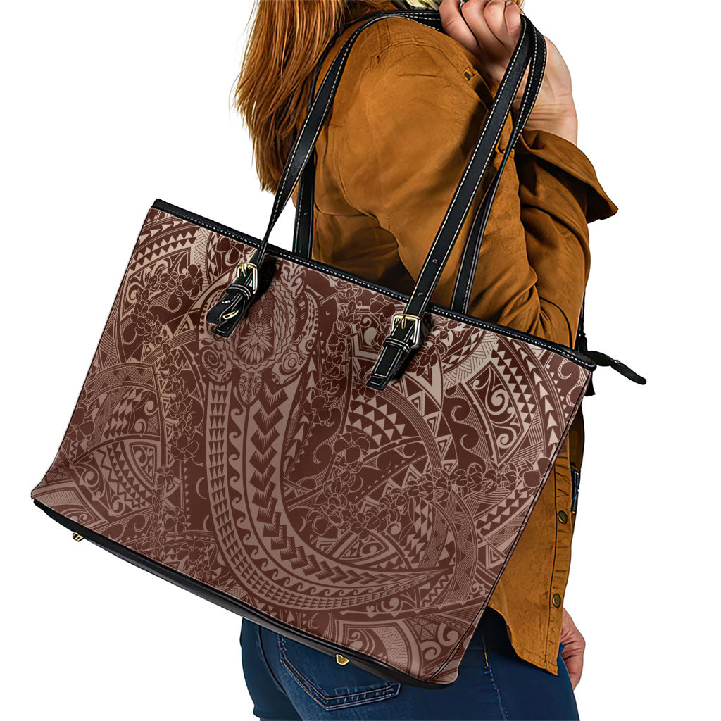 Hawaiian Turtles and Leis Leather Tote Bag Tribal Kakau Pattern Mocha Mousse Color