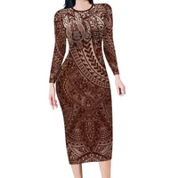 Hawaiian Turtles and Leis Long Sleeve Bodycon Dress Tribal Kakau Pattern Mocha Mousse Color