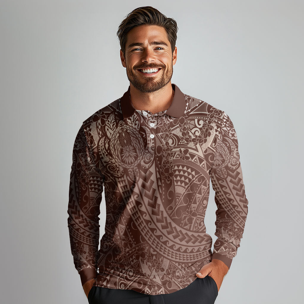 Hawaiian Turtles and Leis Long Sleeve Polo Shirt Tribal Kakau Pattern Mocha Mousse Color