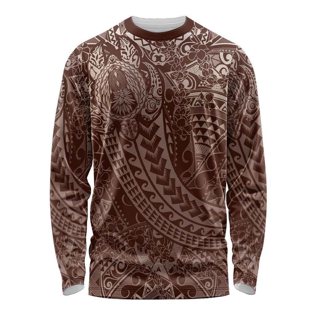 Hawaiian Turtles and Leis Long Sleeve Shirt Tribal Kakau Pattern Mocha Mousse Color