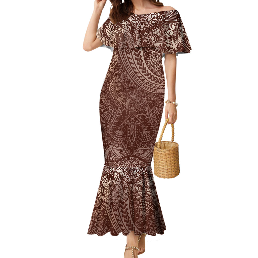 Hawaiian Turtles and Leis Mermaid Dress Tribal Kakau Pattern Mocha Mousse Color