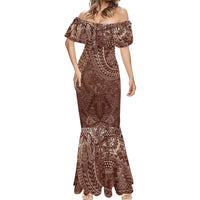 Hawaiian Turtles and Leis Mermaid Dress Tribal Kakau Pattern Mocha Mousse Color
