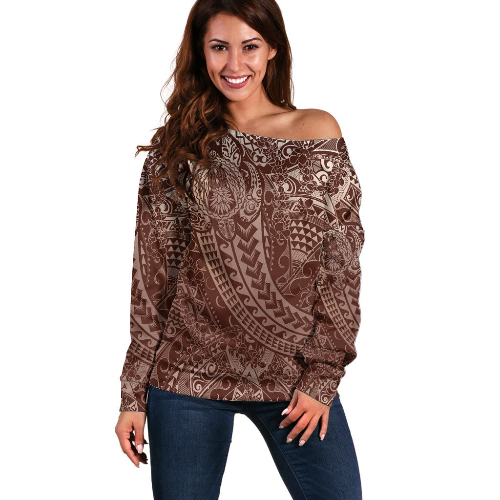 Hawaiian Turtles and Leis Off Shoulder Sweater Tribal Kakau Pattern Mocha Mousse Color